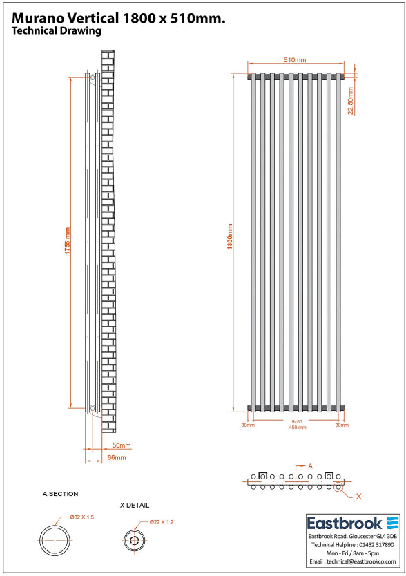 Totally Rads Column Radiators Eastbrook Murano Vertical Designer Radiator in Matt Anthracite