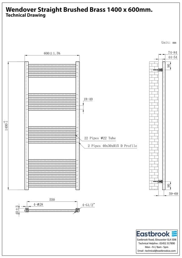 Eastbrook Ladder Rails Eastbrook Wendover Straight Heated Towel Rail in Brushed Brass
