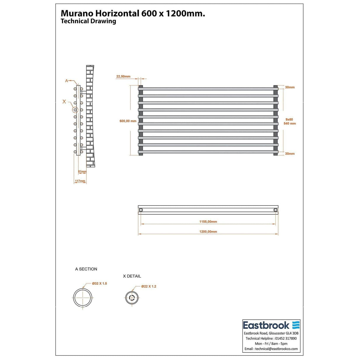 Eastbrook Designer Towel Radiator Eastbrook Murano Horizontal Designer Radiator in Matt Grey