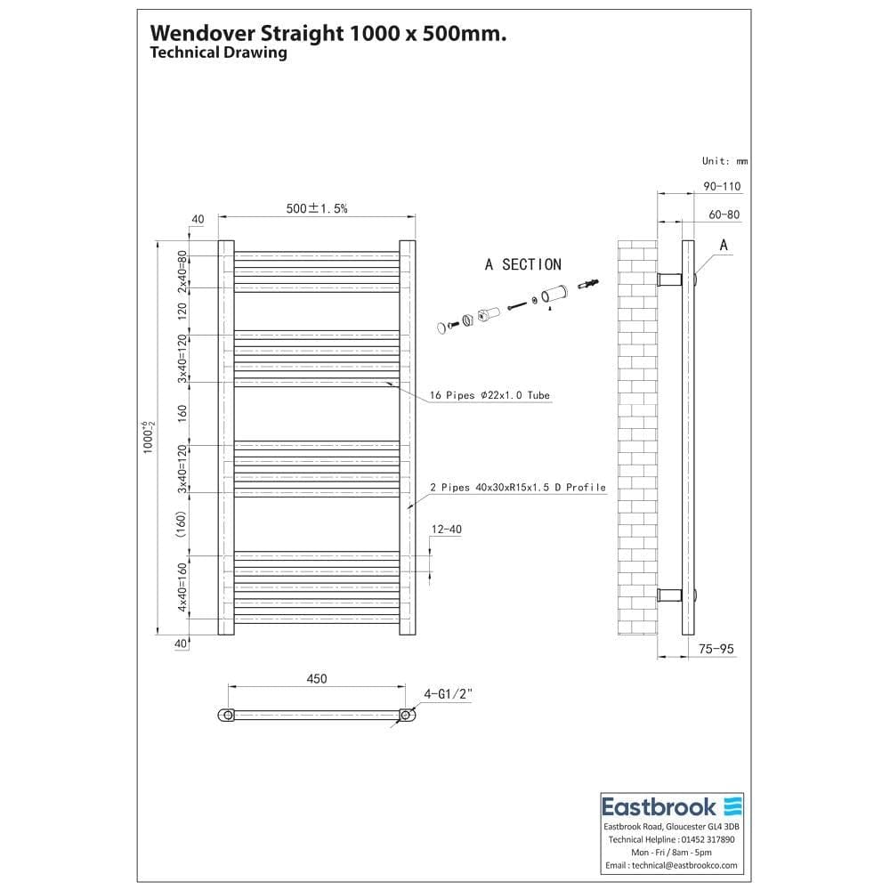 Eastbrook Ladder Rail Eastbrook Wendover Straight Vertical Heated Towel Rail in Matt Black