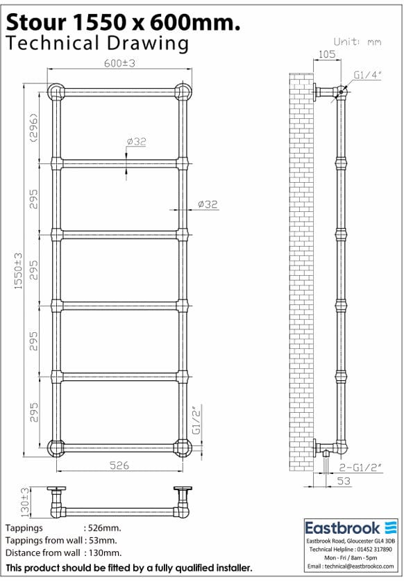 Eastbrook Traditional Towel Rail Eastbrook Stour Vertical Traditional Heated Towel Rail in Brushed Brass