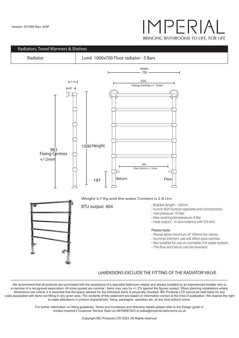 Imperial Imperial Lund Traditional Heating Towel Rail - 1000 x 700 - Floor Mounted - Polished Nickel - Central Heating - RAD0130300