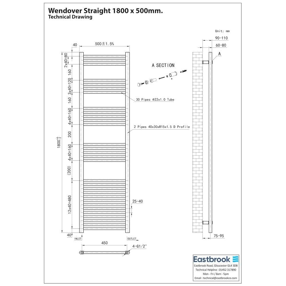 Eastbrook Ladder Rail Eastbrook Wendover Straight Vertical Heated Towel Rail in Matt Black