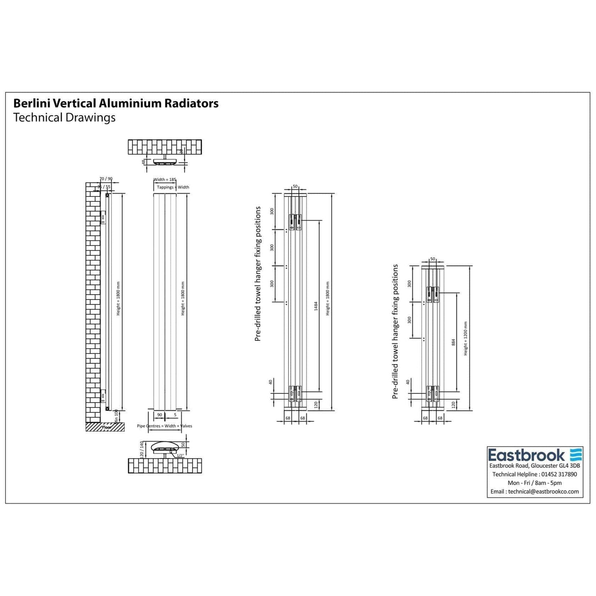 Eastbrook Panel Radiators Eastbrook Berlini Straight Vertical Aluminium Radiator in Polished Aluminium