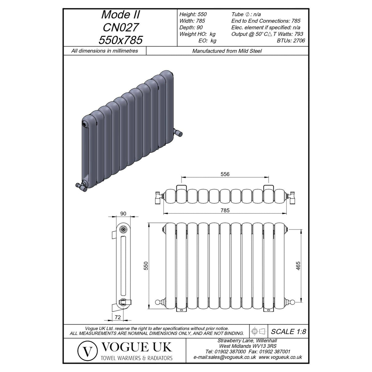 Vogue Column Radiators Vogue Mode II Traditional 2 Column Radiator in White 550 x 785mm