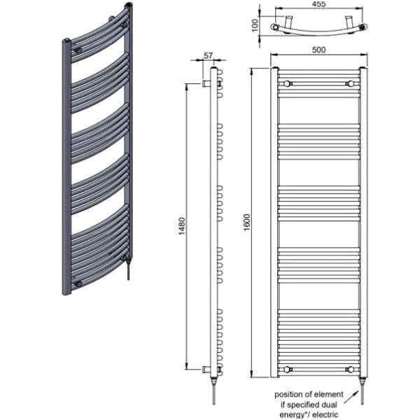 Vogue Ladder Rail Vogue Combes Curved Ladder Towel Rail in Chrome 1600 x 500 / Electric Only