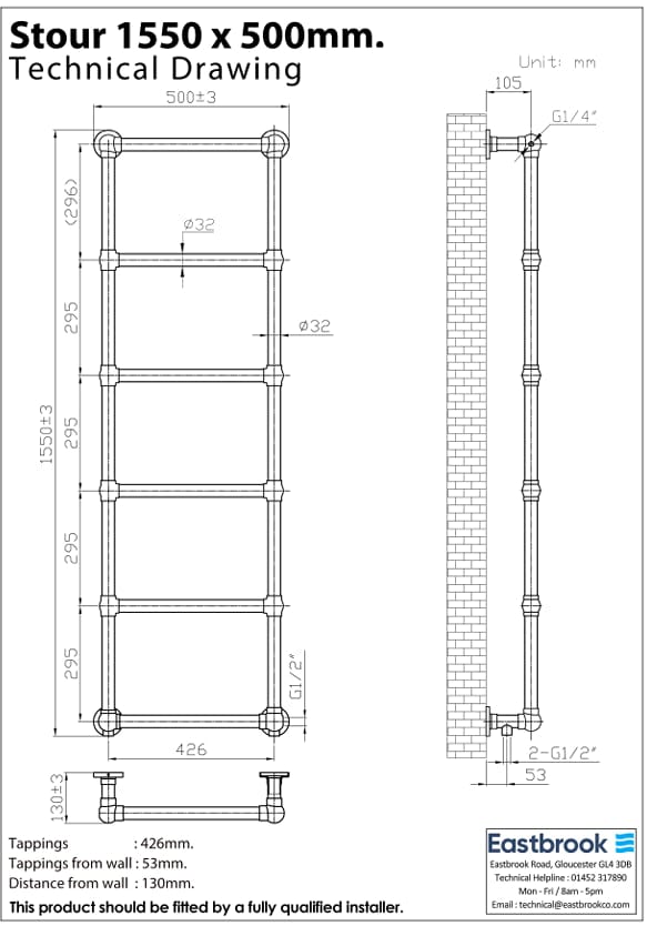 Eastbrook Traditional Towel Rail Eastbrook Stour Vertical Traditional Heated Towel Rail in Brushed Brass