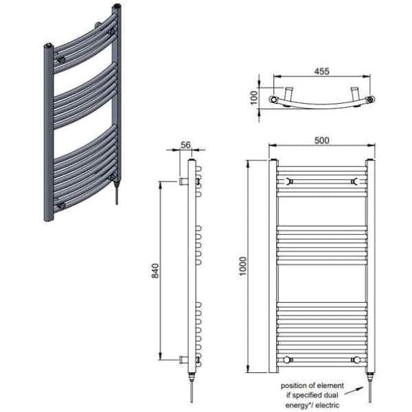 Vogue Ladder Rail Vogue Combes Curved Ladder Towel Rail in Chrome 1000 x 500 / Electric Only