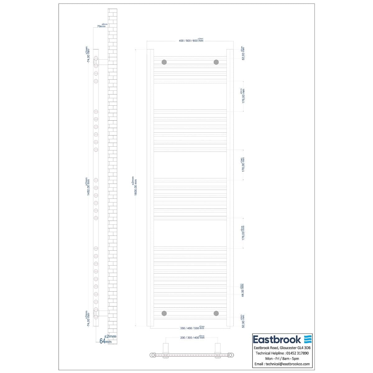 Eastbrook Ladder Rail Eastbrook Wingrave Vertical Straight Heated Towel Rail - 1600 x 400mm in Gloss White