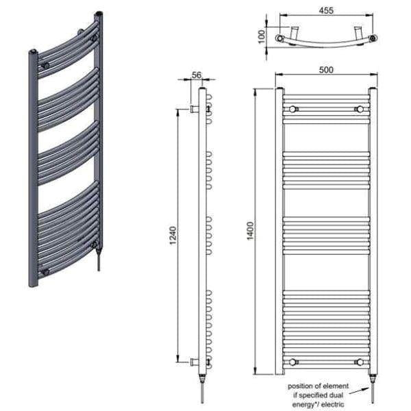 Vogue Ladder Rail Vogue Combes Curved Ladder Towel Rail in Chrome 1400 x 500 / Dual Fuel
