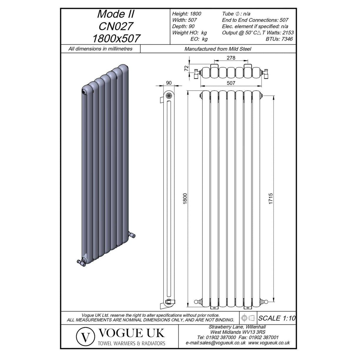 Vogue Column Radiators Vogue Mode II Traditional 2 Column Radiator in White 1800 x 507mm