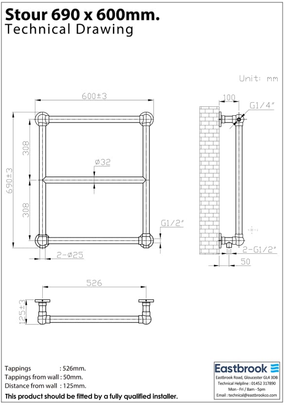 Eastbrook Traditional Towel Rail Eastbrook Stour Vertical Traditional Heated Towel Rail in Brushed Brass