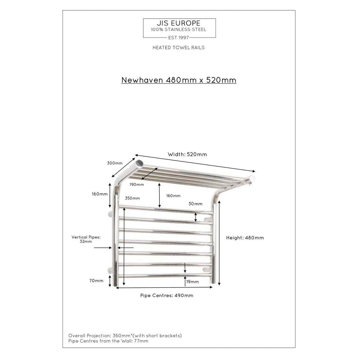 JIS Designer Towel Radiator JIS Sussex Newhaven Heated Shelf Towel Rail