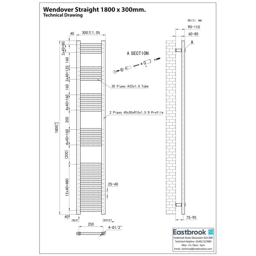Eastbrook Ladder Rail Eastbrook Wendover Straight Vertical Heated Towel Rail in Matt Black