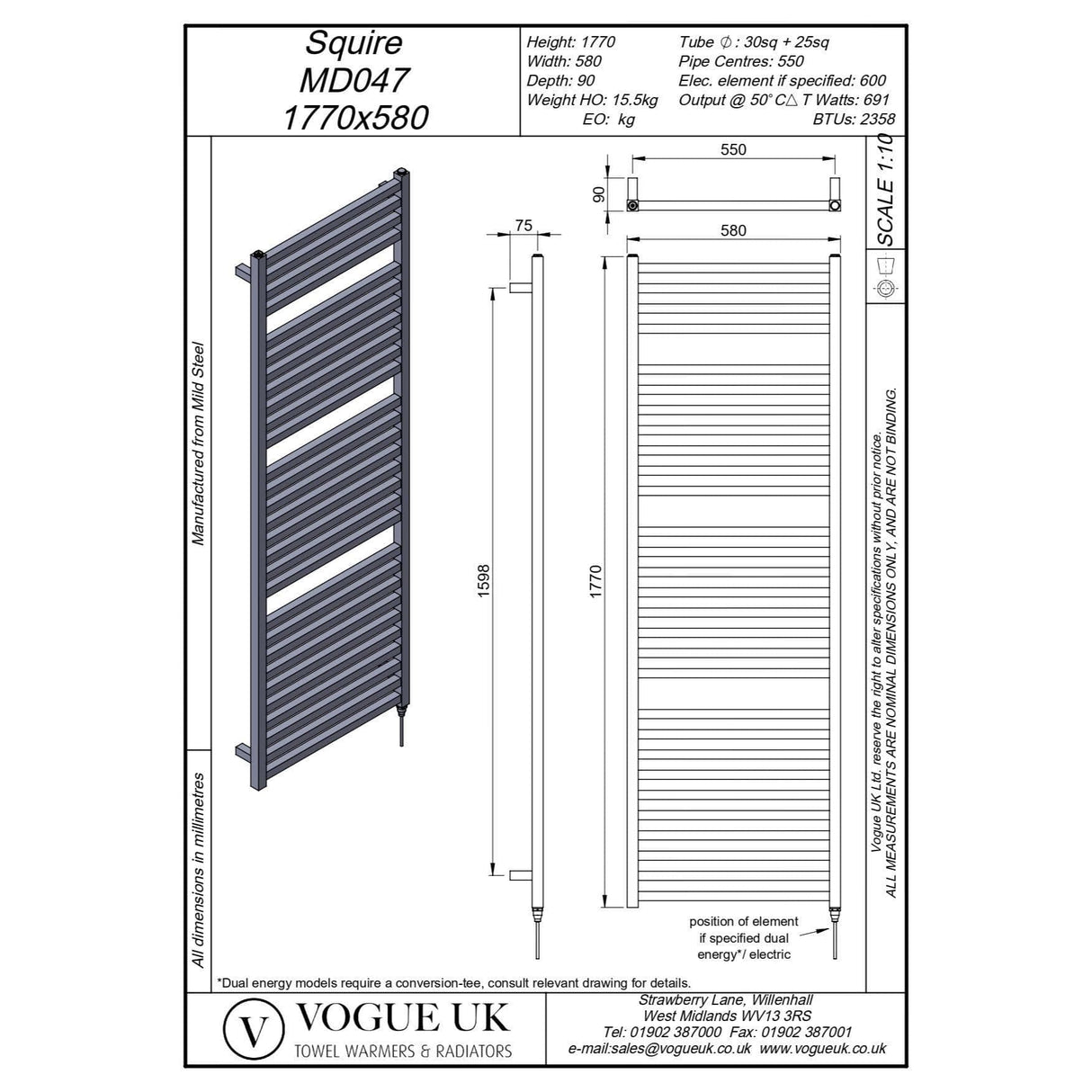 Vogue Designer Towel Radiator Vogue Squire Straight Designer Towel Rail in Chrome 1770 x 580 / Electric Only