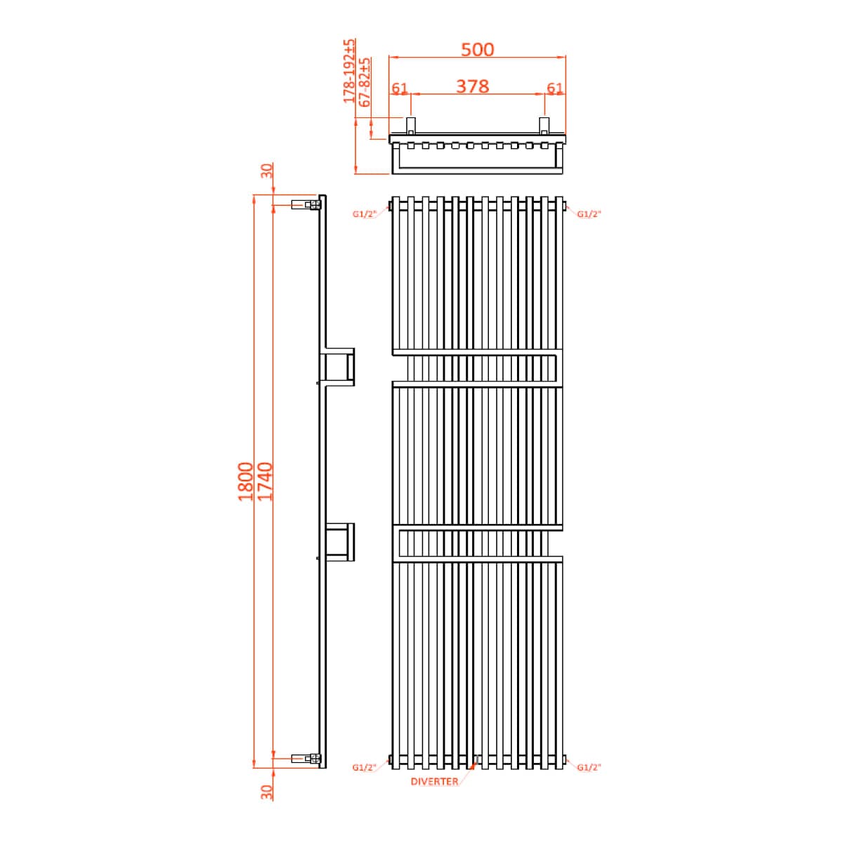 Reina Designer Towel Radiator Reina Grande Designer Central Heating Towel Radiator - 1800 x 500mm