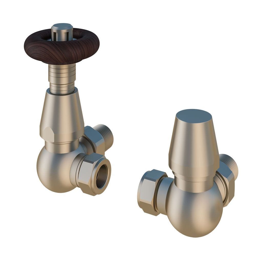 Totally Rads Eastbrook Thermostatic 15mm Corner Radiator Valve with Lockshield Pair - Satin Nickel - 54.0011