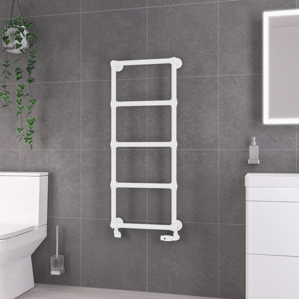 Eastbrook Traditional Towel Radiators Eastbrook Stour Vertical Traditional Heated Towel Rail in Matt White 1195 x 500 / Dual Fuel