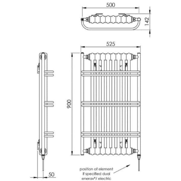 Vogue Insert Radiators Vogue Nexus Grand III Straight Traditional Towel Radiator - 900 x 525mm - Chrome