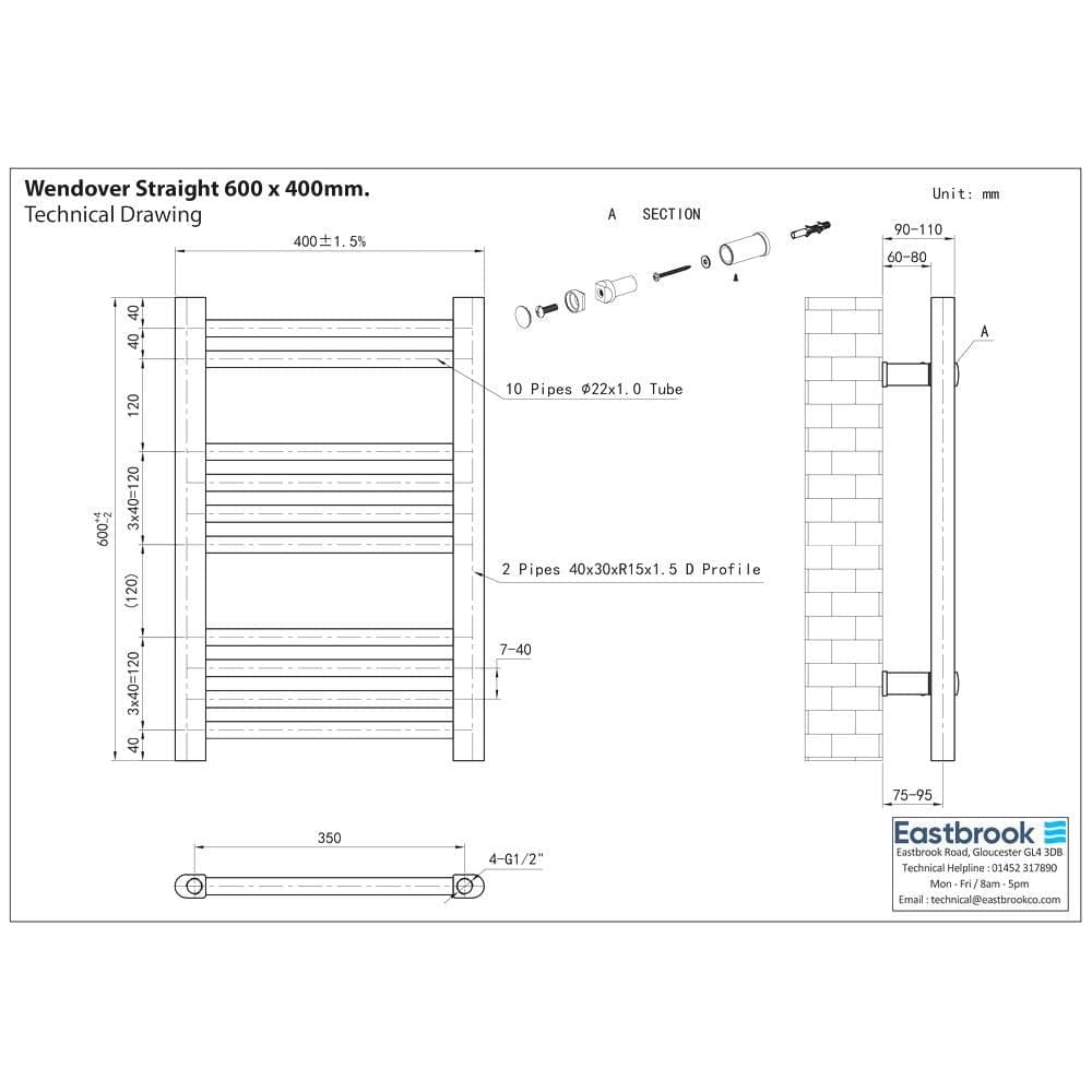 Eastbrook Ladder Rail Eastbrook Wendover Straight Vertical Heated Towel Rail in Matt Black