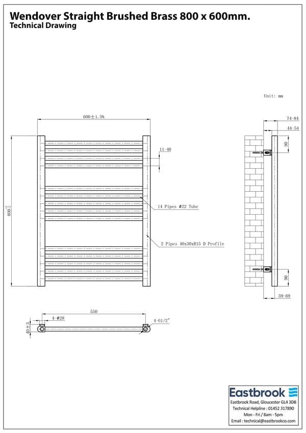 Eastbrook Ladder Rails Eastbrook Wendover Straight Heated Towel Rail in Brushed Brass
