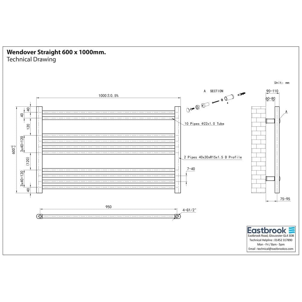 Eastbrook Ladder Rail Eastbrook Wendover Straight Vertical Heated Towel Rail in Matt Black