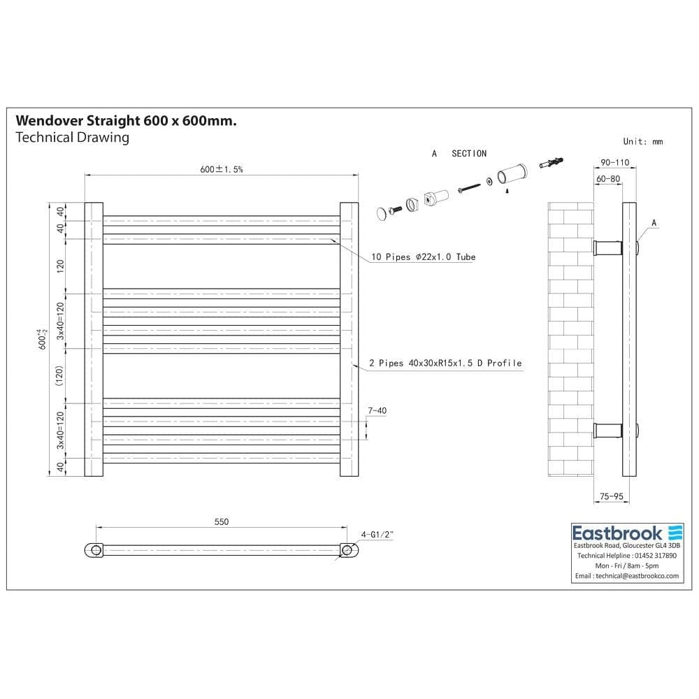 Eastbrook Ladder Rails Eastbrook Wendover Straight Vertical Heated Towel Rail in Matt Black