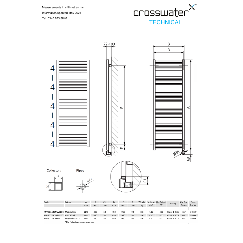 Crosswater MPRO All Electric Towel Warmer in Brushed Brass
