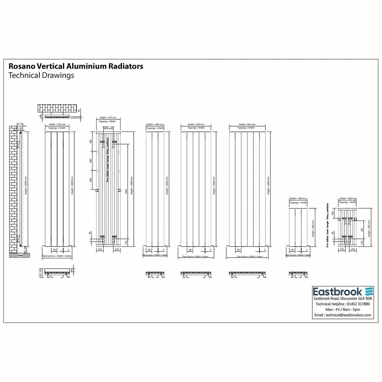 Eastbrook Rosano Straight Vertical Aluminium Radiator in Matt Anthracite