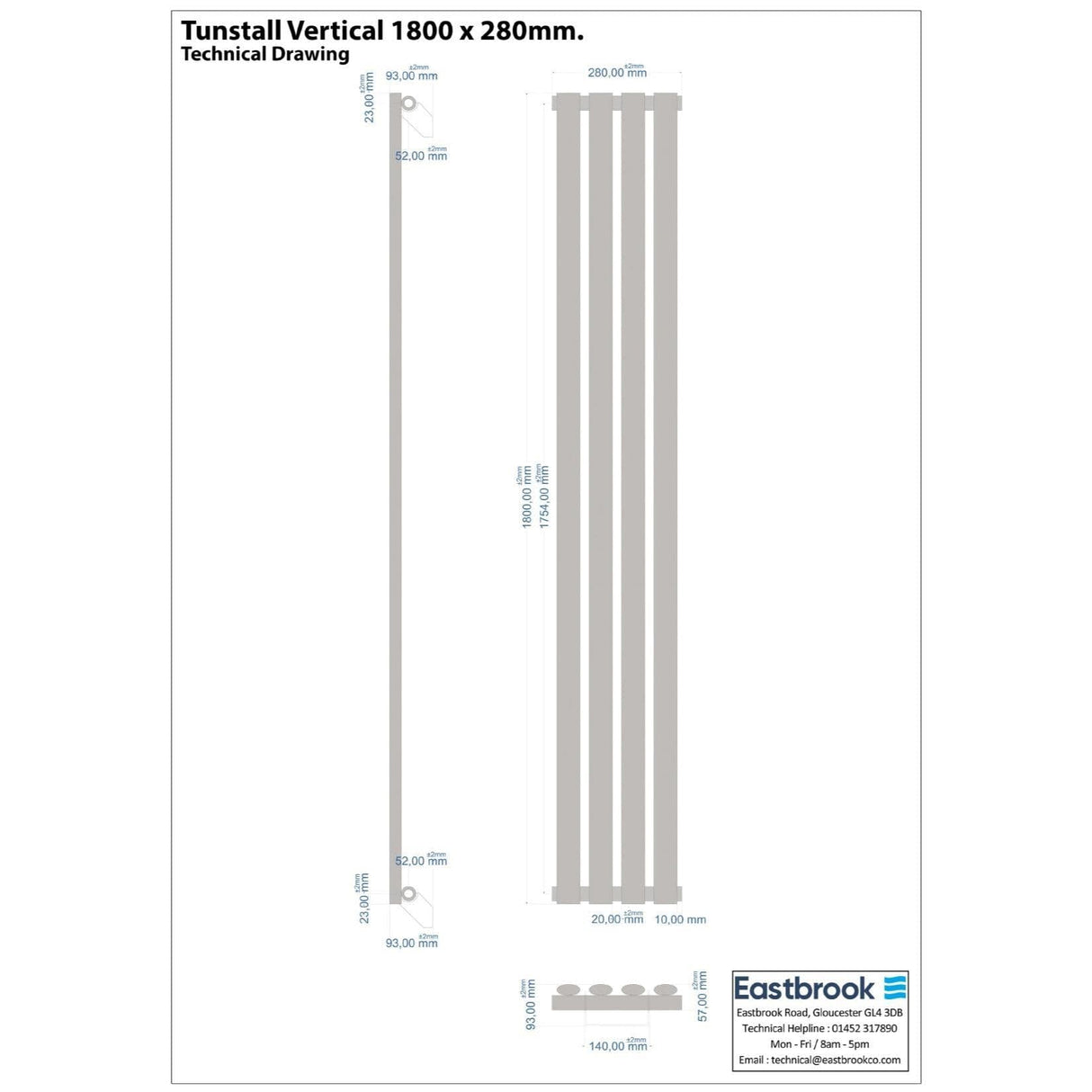 Eastbrook Panel Radiator Eastbrook Tunstall Vertical Designer Radiator - 1800 x 280mm - Matt White