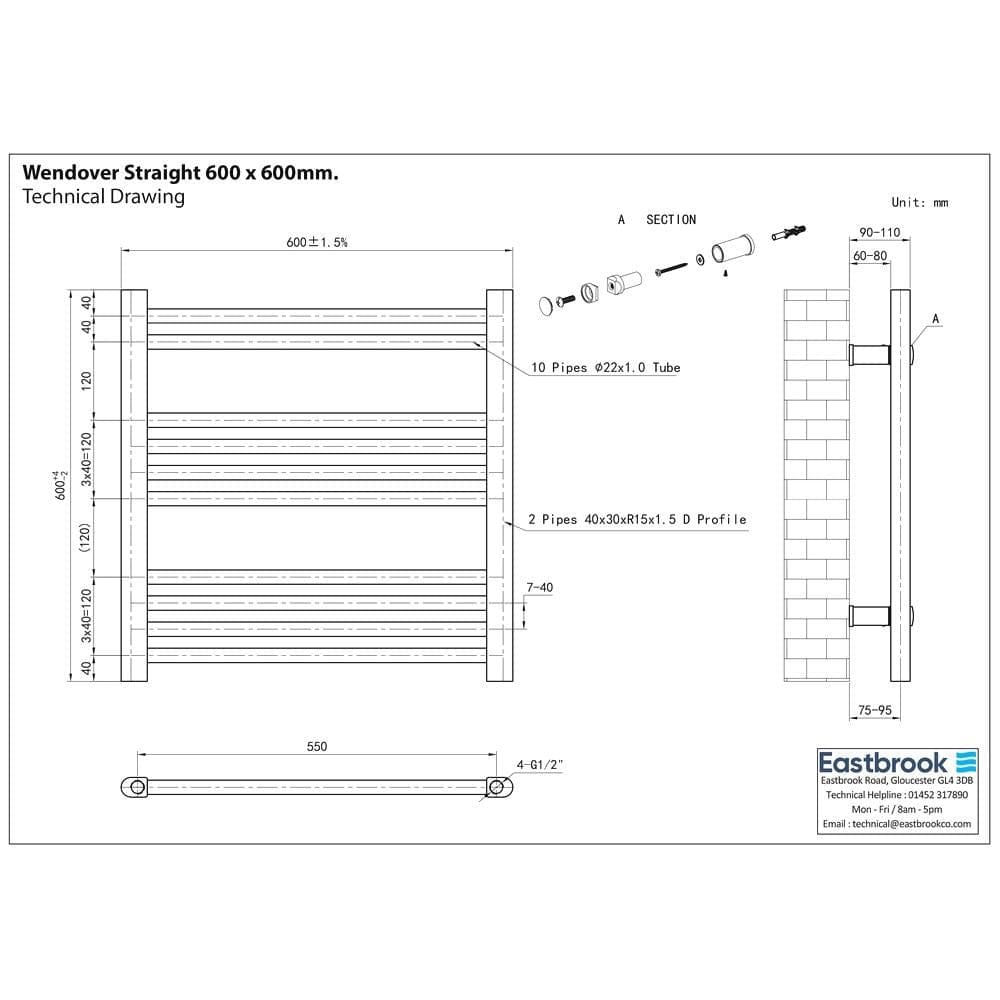 Eastbrook Ladder Rail Eastbrook Wendover Straight Vertical Heated Towel Rail in Matt Black