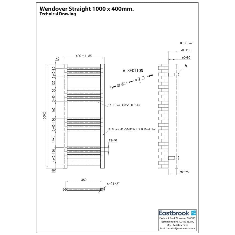 Eastbrook Ladder Rails Eastbrook Wendover Straight Vertical Heated Towel Rail in Matt Black