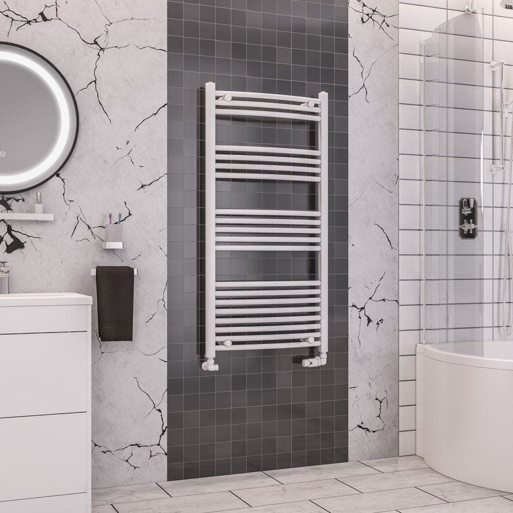Totally Rads Ladder Rails Eastbrook Wendover Curved Vertical Heated Towel Rail in White 1200 x 600 / Dual Fuel