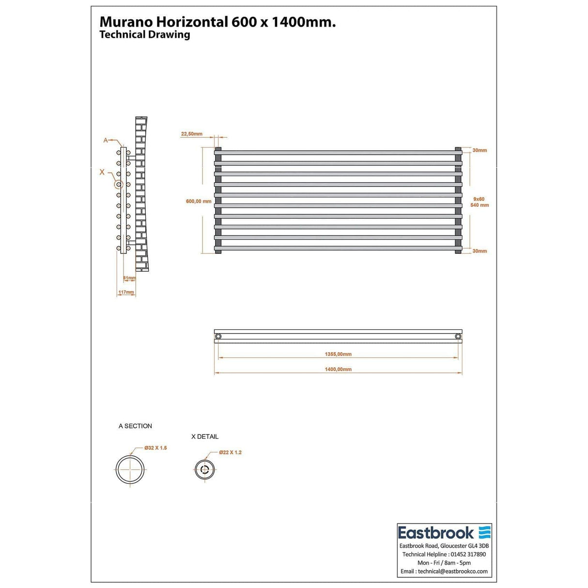 Eastbrook Designer Towel Radiator Eastbrook Murano Horizontal Designer Radiator in Matt Grey