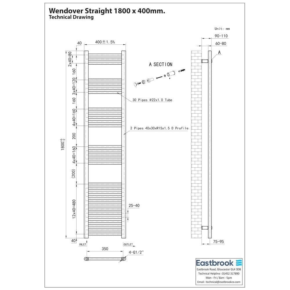 Eastbrook Ladder Rail Eastbrook Wendover Straight Vertical Heated Towel Rail in Matt Black