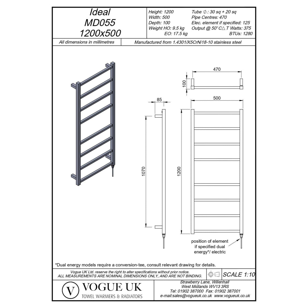 Vogue Vogue Ideal Straight Designer Towel Radiator in Polished Stainless Steel 1200 x 500 / Dual Fuel