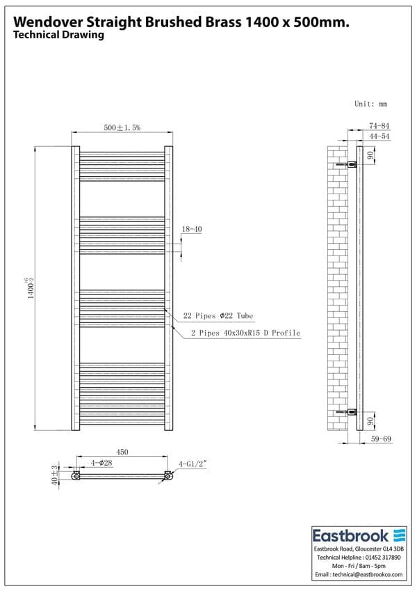 Eastbrook Ladder Rails Eastbrook Wendover Straight Heated Towel Rail in Brushed Brass