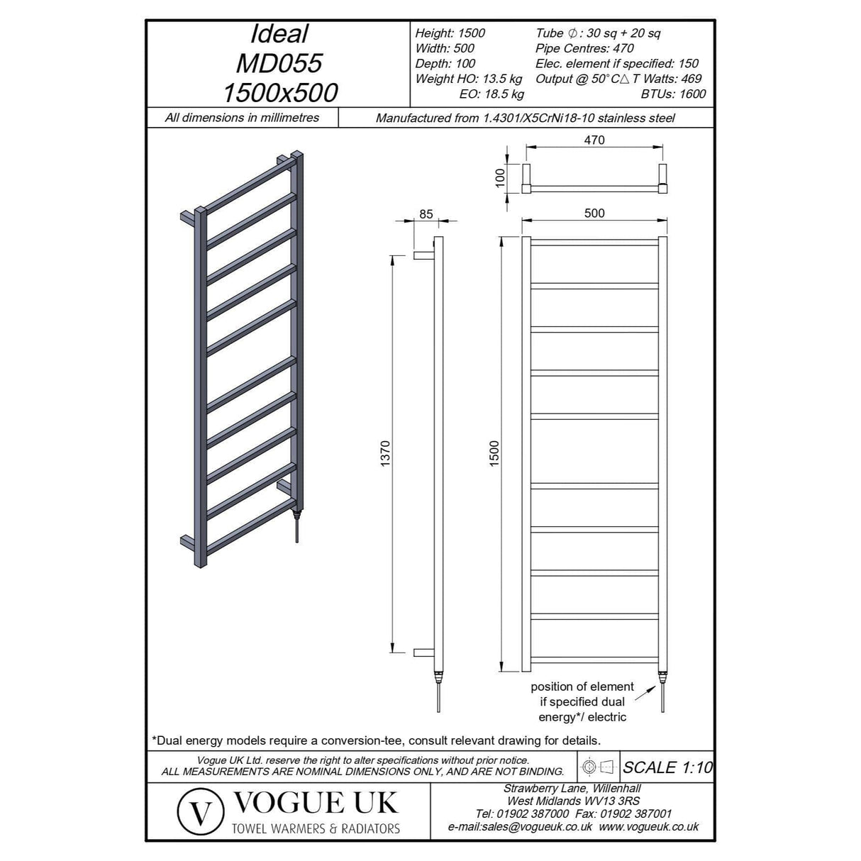 Vogue Vogue Ideal Straight Designer Towel Radiator in Polished Stainless Steel 1500 x 500 / Dual Fuel
