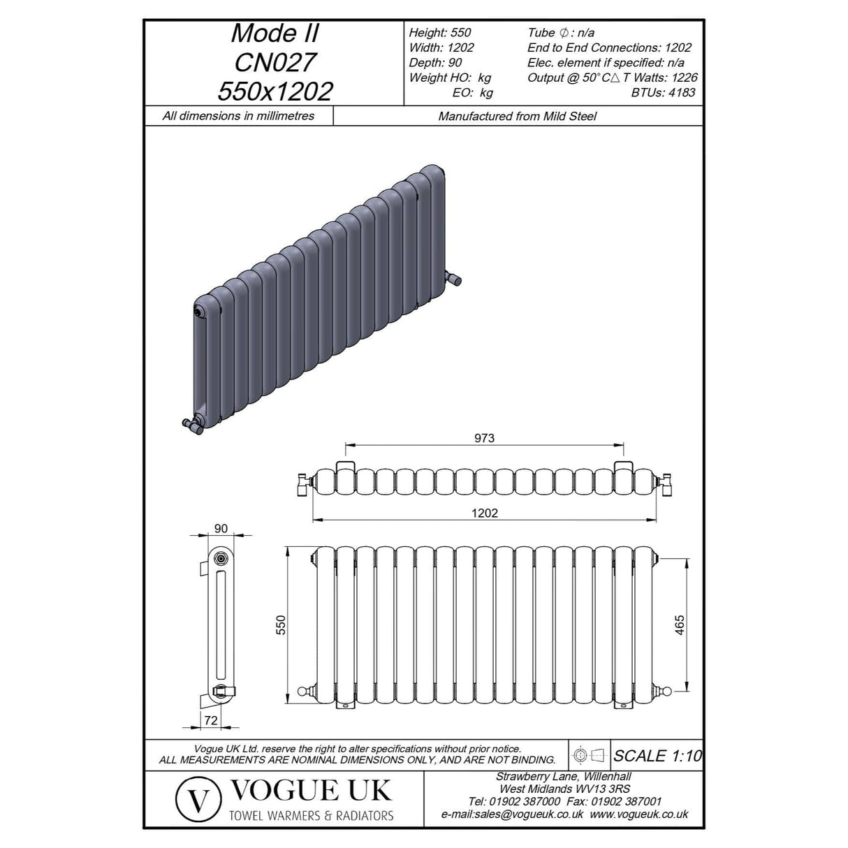 Vogue Column Radiators Vogue Mode II Traditional 2 Column Radiator in White 550 x 1202mm