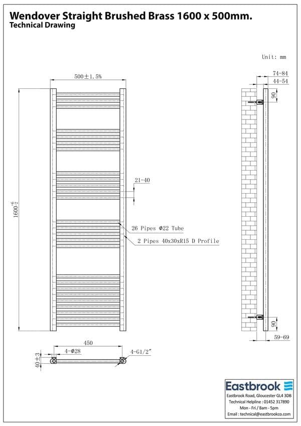 Eastbrook Ladder Rails Eastbrook Wendover Straight Heated Towel Rail in Brushed Brass