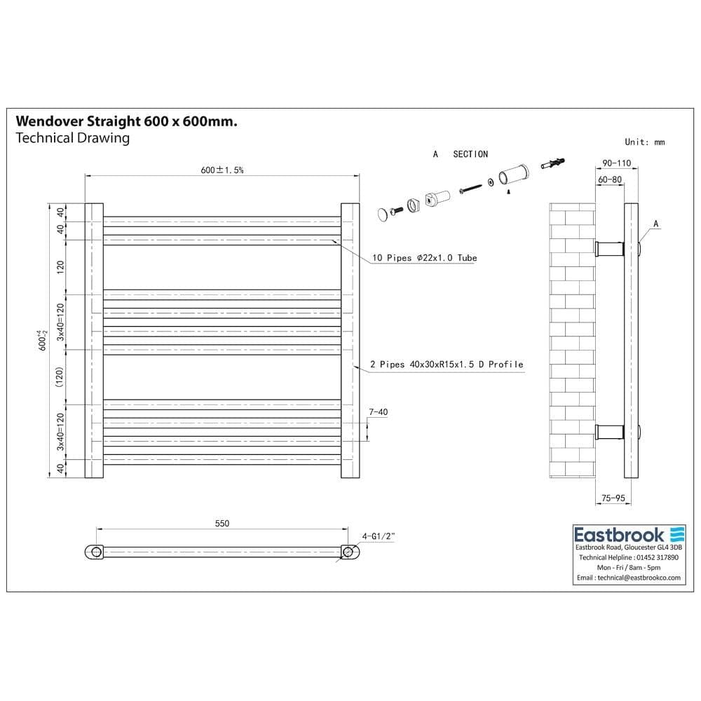 Eastbrook Ladder Rail Eastbrook Wendover Straight Heated Towel Rail in Chrome