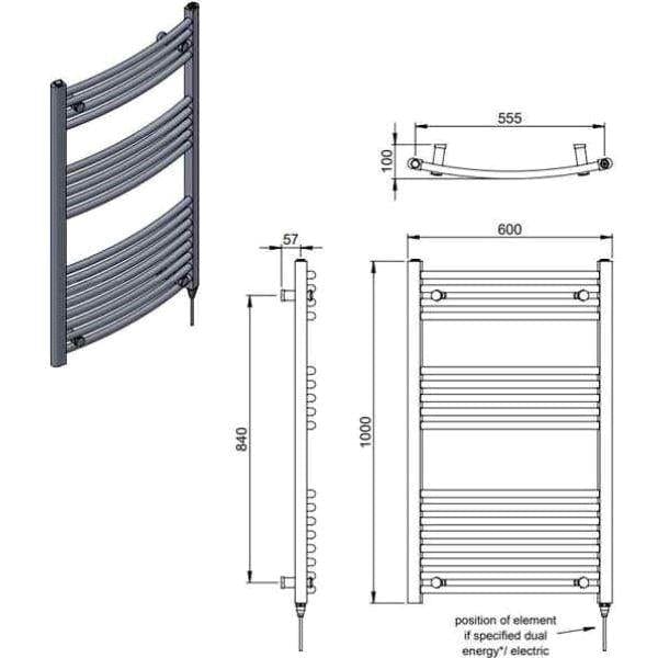 Vogue Ladder Rail Vogue Combes Curved Ladder Towel Rail in Chrome 1000 x 600 / Electric Only