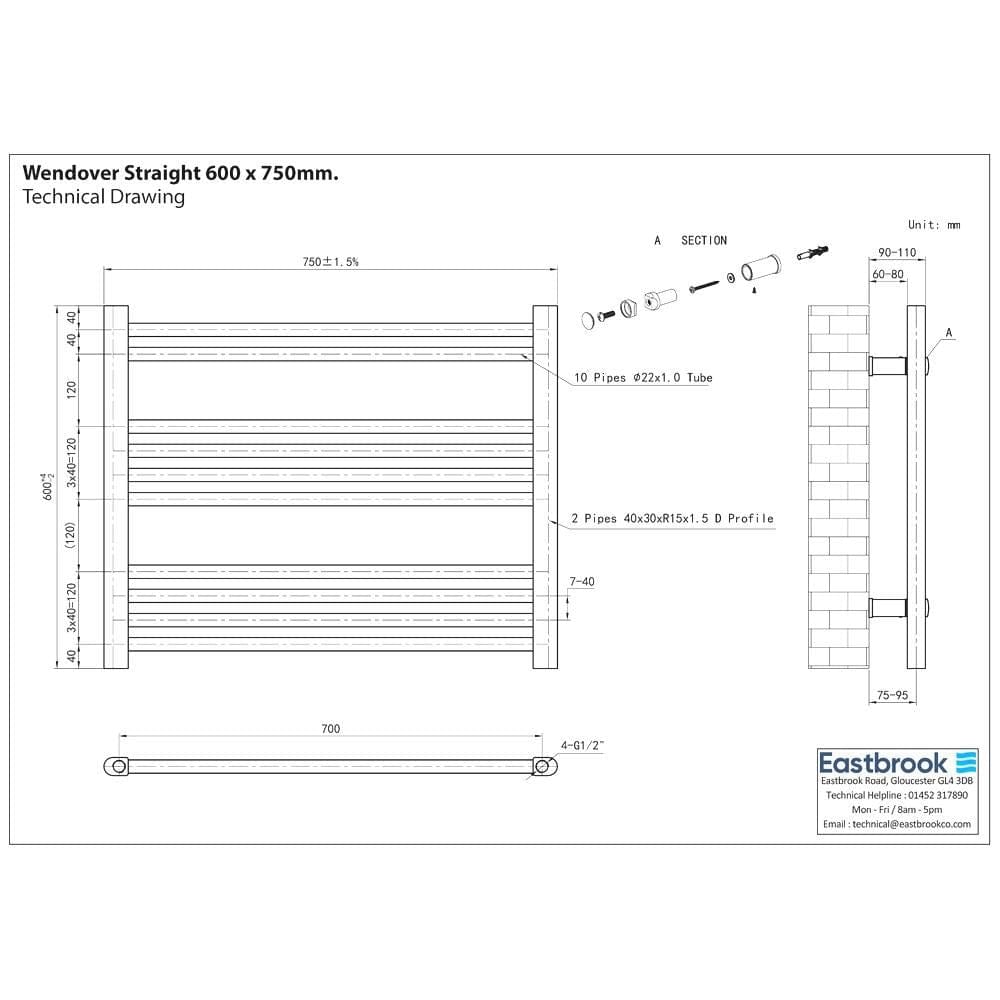 Eastbrook Ladder Rail Eastbrook Wendover Straight Heated Towel Rail in Chrome