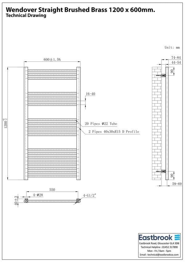 Eastbrook Ladder Rails Eastbrook Wendover Straight Heated Towel Rail in Brushed Brass