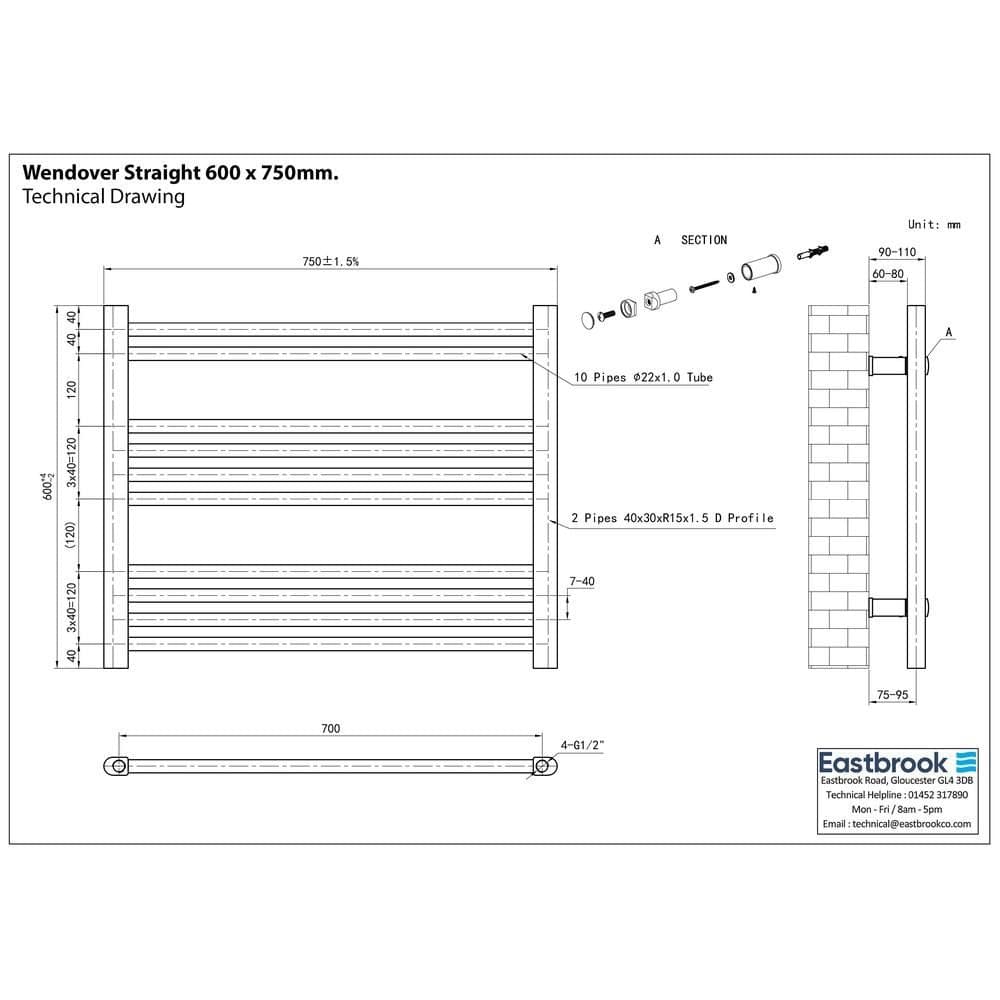 Eastbrook Ladder Rail Eastbrook Wendover Straight Vertical Heated Towel Rail in Matt Black
