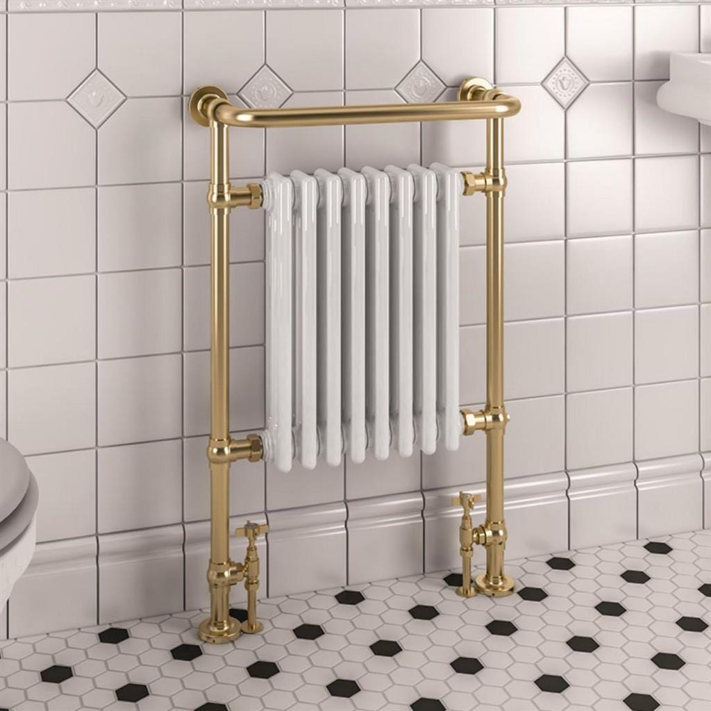 Eastbourne Inset Radiator Eastbrook Isbourne Straight Vertical Traditional Radiator in Brushed Brass/Gloss White Central Heating