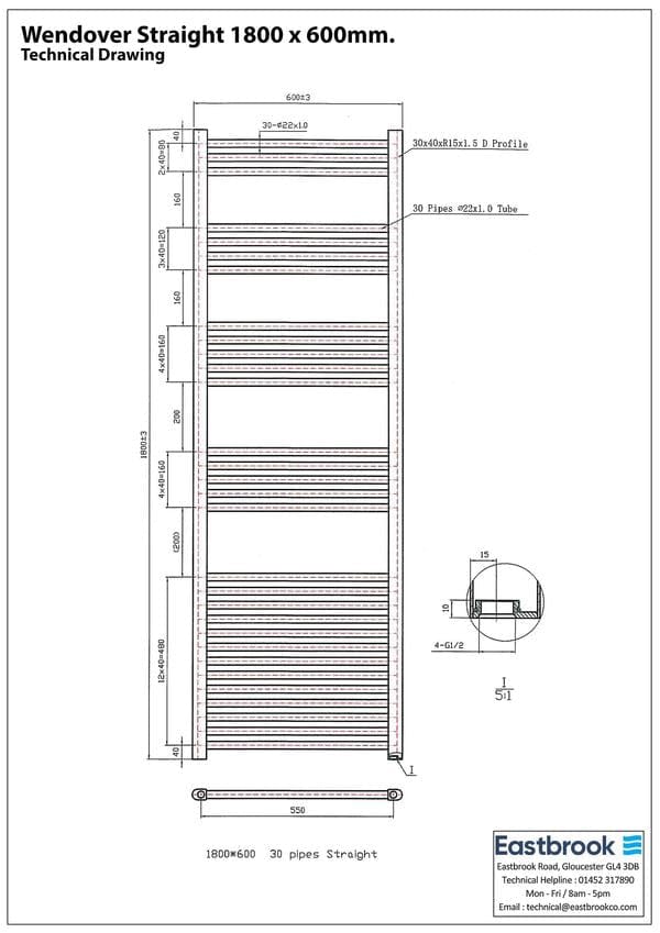 Eastbrook Ladder Rail Eastbrook Wendover Straight Heated Towel Rail in Anthracite