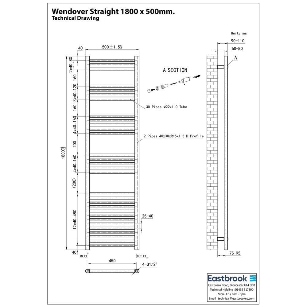Eastbrook Ladder Rail Eastbrook Wendover Straight Vertical Heated Towel Rail in Matt Black