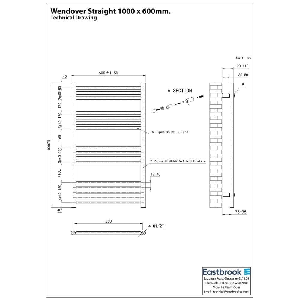 Eastbrook Ladder Rail Eastbrook Wendover Straight Vertical Heated Towel Rail in Matt Black