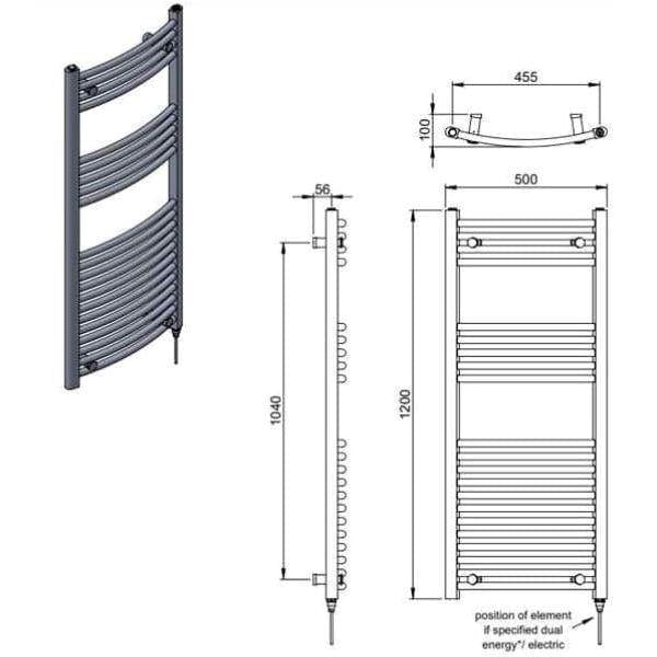 Vogue Ladder Rail Vogue Combes Curved Ladder Towel Rail in Chrome 1200 x 500 / Dual Fuel